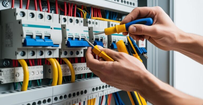 erstelle ein bild für mein detail webseite für elektroinstallation mit haupterteiler wo man dran schraubt mit weerkzeuge und sicherungen an einem verteiler